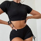 Crop Top Shorts Bottom Swimsuits Black Drawstring Swimwear Ribbed Bikinis Sets