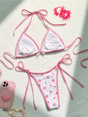 Cute Cherry Print Two Piece Swimsuit Adjustable Straps Triangle Bra Bikini Set
