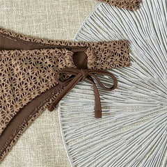 Dark Brown Flower Mesh Bandeau Bikini Woman Swimsuit Metal Conch Solid Swimwears Biquinis Brazilian Bikinis Sets