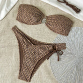 Dark Brown Flower Mesh Bandeau Bikini Woman Swimsuit Metal Conch Solid Swimwears Biquinis Brazilian Bikinis Sets
