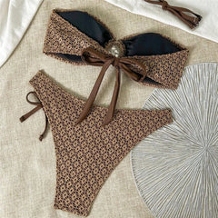 Dark Brown Flower Mesh Bandeau Bikini Woman Swimsuit Metal Conch Solid Swimwears Biquinis Brazilian Bikinis Sets