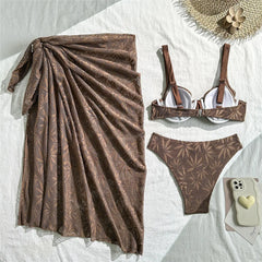 Dark Brown Hollow Lace Swimwear Cover Ups Push Up Bikinis Sets