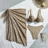 Dark Brown Hollow Lace Swimwear Cover Ups Push Up Bikinis Sets