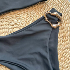 Dark Brown One Shoulder Solid Swimwears Swimsuit One Piece Hollow Out Monokini Metal Ring Bathing Suit Bodysuit