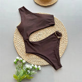 Dark Brown One Shoulder Solid Swimwears Swimsuit One Piece Hollow Out Monokini Metal Ring Bathing Suit Bodysuit