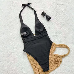 Elegant Halter One Piece Bathing Suit Deep Plunge V Neck Pearl Chain Front Cutout Open Back High Cut Leg Pool Vacation Swimwear