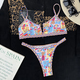 Ethnic Style Swimsuit Wavy Bikini Two Piece Low Waist Thong Swimwear V-neck Suspender Backless Bathing Suit Beachwear