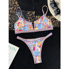 Ethnic Style Swimsuit Wavy Bikini Two Piece Low Waist Thong Swimwear V-neck Suspender Backless Bathing Suit Beachwear