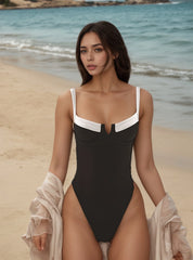 European and American Patchwork Fashion Conservative Belly Conceal One-Piece Swimsuit