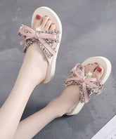Beige Bow Linen Fabric Beach Slide Sandals