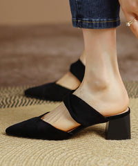 Black Pointed Toe Chunky Heel Slide Sandals
