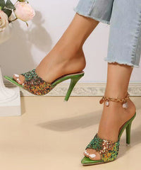 Green Sequins Splicing Stiletto High Heels Slide Sandals