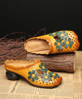 Hollow Out Floral Yellow Cowhide Leather Slide Sandals