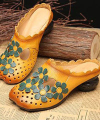 Hollow Out Floral Yellow Cowhide Leather Slide Sandals