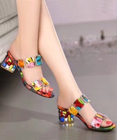 Multi Color Splicing Chunky Heel Peep Toe Slide Sandals