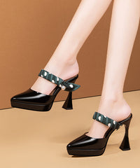 Splicing High Heel Slide Sandals Black Cowhide Leather