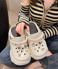 White Nail Bead Hollow Out Platform Slide Sandals