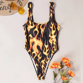 Flame-print One-piece Swimsuit U-neck Slim Beach Bikini Suspender Backless Monokini Swimwear Bodysuit