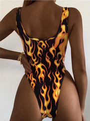 Flame-print One-piece Swimsuit U-neck Slim Beach Bikini Suspender Backless Monokini Swimwear Bodysuit
