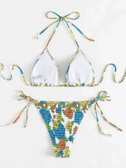 Floral Print Bikini Triangle Bag Halter Bandage Swimwear 2 Piece Swimsuit Low Waist Backless Thong Bathing Suit