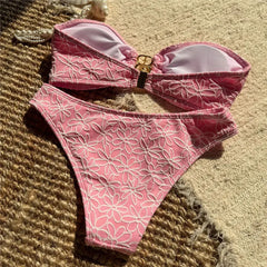 Flower Embroidery Bandeau Bikinis Sets