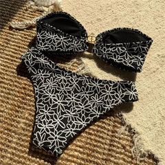 Flower Embroidery Bandeau Bikinis Sets