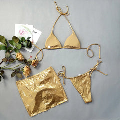 Gold Micro Thong String 3 Piece Bikini Set