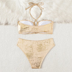 Gold Shiny Halter String Bikinis Sets