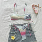 Gradient Color Coconut Tree Print Bandeau Bikini Micro Thong Swimsuit Swimwear Bikinis Sets