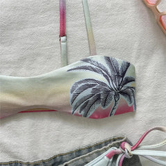Gradient Color Coconut Tree Print Bandeau Bikini Micro Thong Swimsuit Swimwear Bikinis Sets