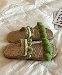Green Fuzzy Ball Decorated Splicing Slide Sandals Peep Toe