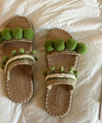 Green Fuzzy Ball Decorated Splicing Slide Sandals Peep Toe
