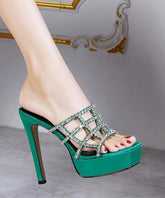 Green Peep Toe Stiletto Zircon Slide Sandals