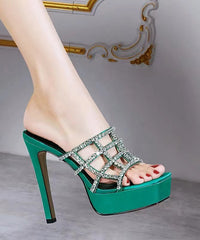 Green Peep Toe Stiletto Zircon Slide Sandals