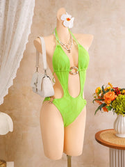 Hollow Cutout One Piece Suits Swimsuit Deep V Neck Front Large Metal O Ring Halter Tie Straps Side High Cut Leg Monokini Bikini