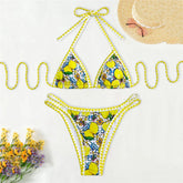 Lemon Flower Print Swimwear Halter String Triangle Bikini Mini Micro Thong Swimsuit Bather Bikinis Sets