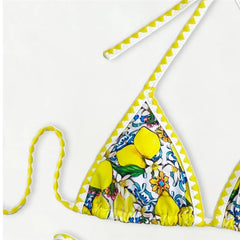 Lemon Flower Print Swimwear Halter String Triangle Bikini Mini Micro Thong Swimsuit Bather Bikinis Sets