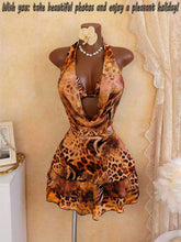Leopard Print 4 Piece Bathing Suit Halter Drape Front Hollow Out Tiered Skirt Cover Up Bikini Set
