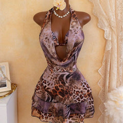 Leopard Print 4 Piece Bathing Suit Halter Drape Front Hollow Out Tiered Skirt Cover Up Bikini Set