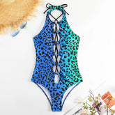 Leopard Print One Piece Swimwear Blue Green Gradient Bikini Cross Bandage Hollow Out Monokini Backless Beachwear