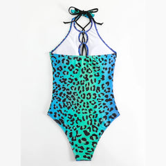 Leopard Print One Piece Swimwear Blue Green Gradient Bikini Cross Bandage Hollow Out Monokini Backless Beachwear