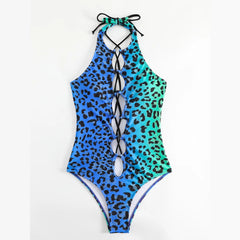 Leopard Print One Piece Swimwear Blue Green Gradient Bikini Cross Bandage Hollow Out Monokini Backless Beachwear
