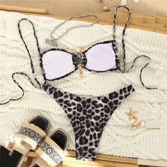 Leopard Print String Lace-up Bikini Femmes Metal Ring Swimwear Micro Thong Swimsuit Bikinis Sets