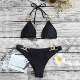 Metal Ring Chain Halter String Bikini Woman Swimwear Micro Thong Swimsuit Solid White Bathing Suit Bikinis Sets