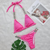 Neon Green Swimsuit 2-Piece Bikini Halter Lace-up Backless Beach Bathing Suit Diamond Chain Swimwear