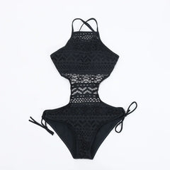 swimsuit one pieces swimwear female hollow monokini lace halter bathing suit pad beachwear solid bodysuit