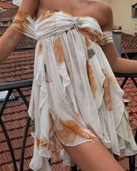 Chiffon Printed French Strapless Celebrity Fairy Dress