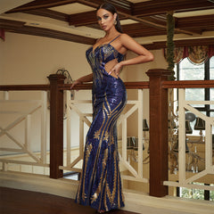 Long Sequined Boat Neck Halter Back Evening Dress