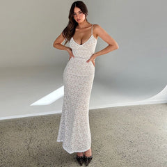 Deep V Lace Halter Back Maxi Dress