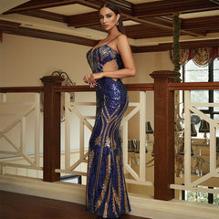 Long Sequined Boat Neck Halter Back Evening Dress